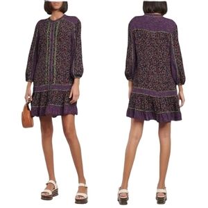 Veronica Beard Xanita Mini‎ Dress 4 Purple Floral Button Front Button Boho